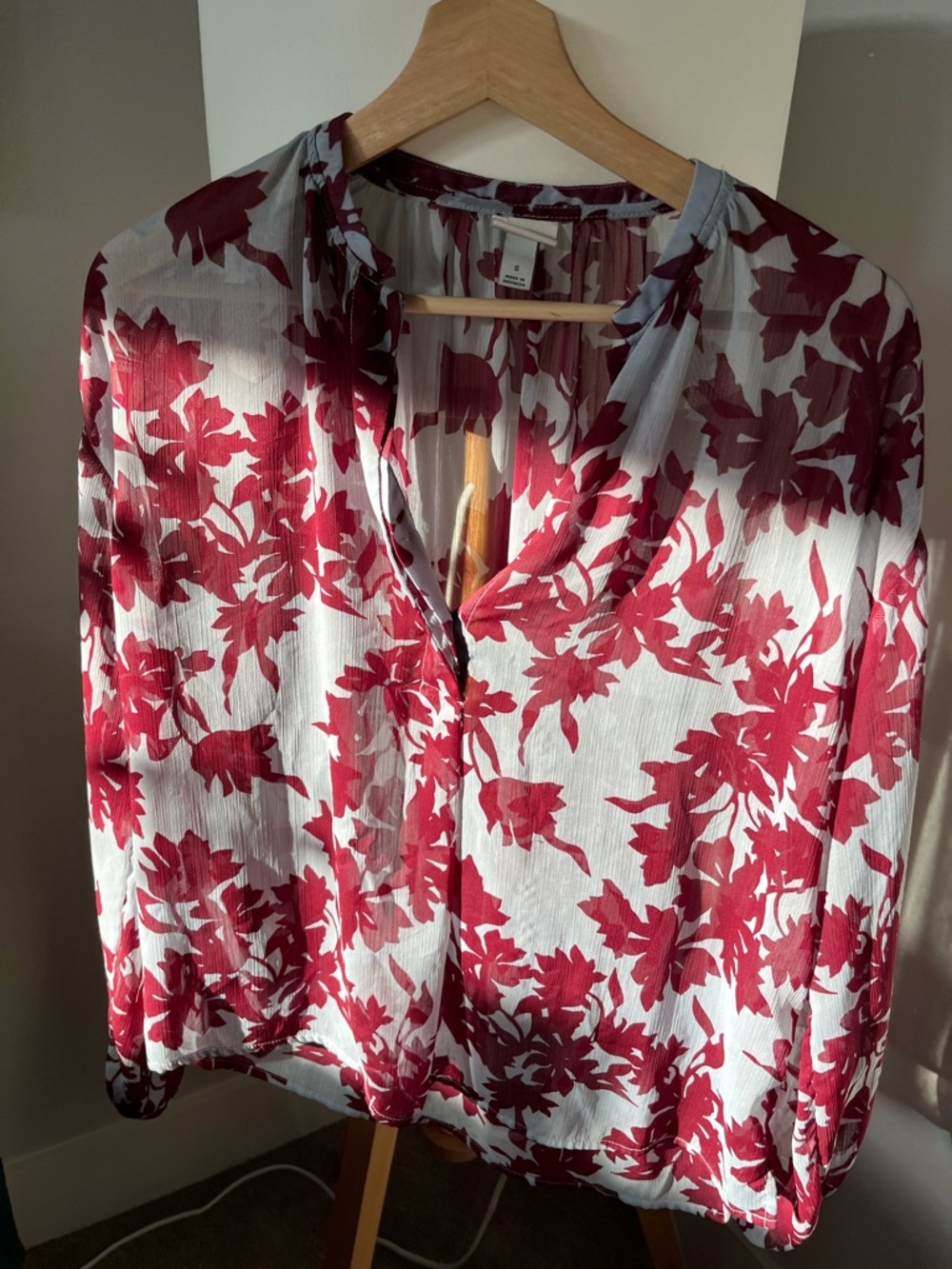 a new day Sheer White Blouse with Burgundy Floral Print